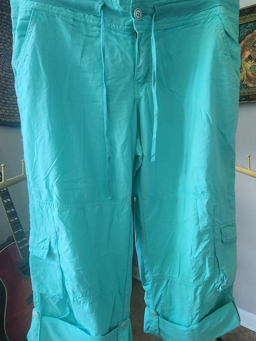 Vintage Y2K Turquoise Cargo Capri Mid Rise Parachute Feel Summer Vtg Size 13